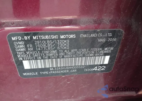 2017 Mitsubishi Mirage Es из США, поврежденный, VIN ML32A3HJ6HH005532